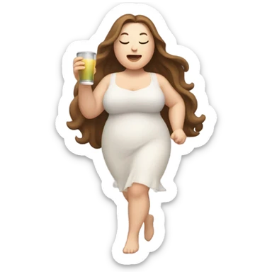 Chubby pale Woman with long brown hair dancing with drink with eyes closed sticker
