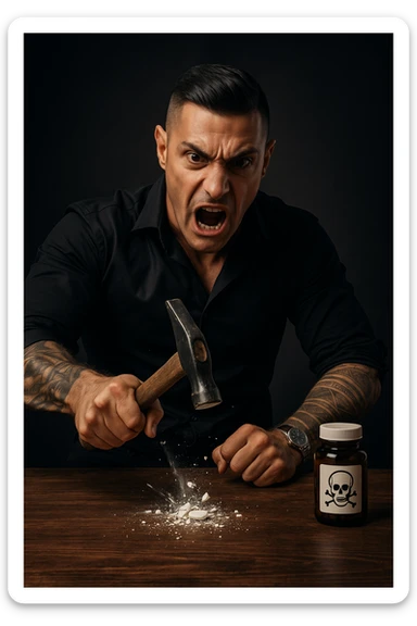 "Angry man crushing prescription pill with hammer on wooden table, expression of righteous fury against medical establishment, pill fragments scattering like defeated enemy, medicine bottle labeled with skull and crossbones in his mind, dramatic lighting showing his determination to reject pharmaceutical control, freedom from chemical dependency symbolized through destruction" sticker
