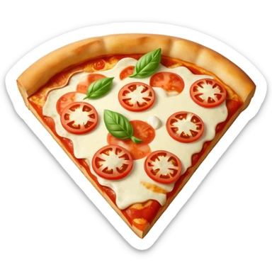 margarita pizza whole with one slice missing, basil leaves on top sticker