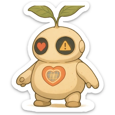 A chubby, round robot seedling with soft, plush-like forms. Its body resembles a young sprout with smooth lines. The robot has large round sensor-displays for eyes that change expression (❤️ for good harvest, ⚠️ for problems). It has two movable leaf-antennas on its head that move when working. On its chest is a stylized heart with solar panels that glows softly when charging. It has short, slightly clumsy arms and legs like a baby robot, with suckers or tiny wheels on its feet to "roll" around the greenhouse. sticker