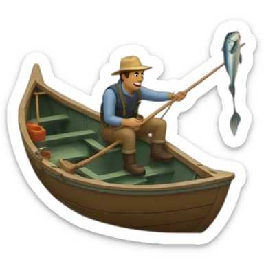 Man In a boat fishing with a giant fish hook. sticker
