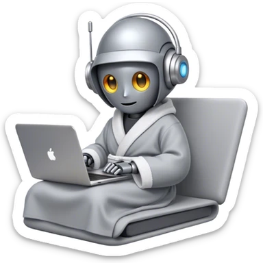 Emoji of a remote-working robot in a cozy smooth bathrobe with a laptop. The robot has a sleek helmet-like head with LED digital eyes. Relaxed yet high-tech vibe. sticker