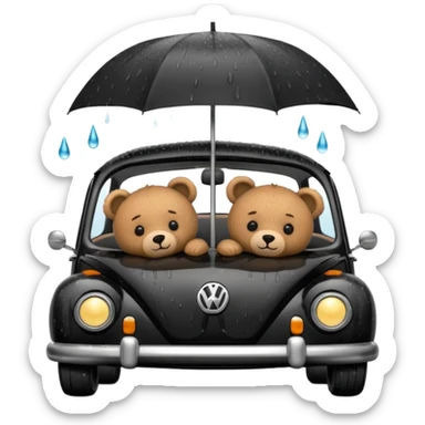Two teddy bears sleeping in black Volkswagen in the rain sticker