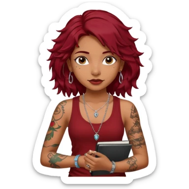 a pretty tan indian bratz girl with messy dark wavyred hair, wearing a dark red tank top, layered silver necklaces. Carrying multiple sketchbooks and pens, tattoos on arm sticker