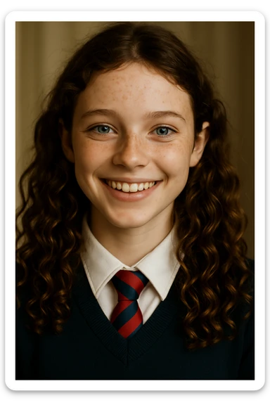 Make the girl's hair longer and curly, and put her in a school uniform. Maintain the original style and details of the image. sticker