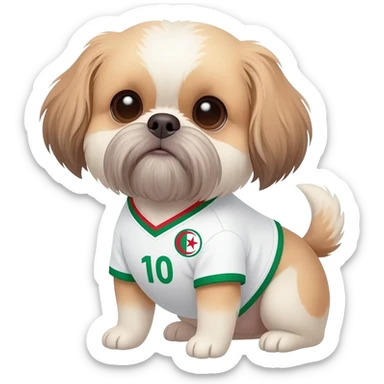 white and light brown shih zhu wearing a Algeria soccer jersey v neck 2026 work cup sticker