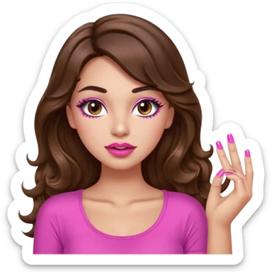 girl with long wavy brown hair, brown eyes, light to medium complexion, in a pink sexy top, pink lips, long lashes, puckered lips, showing my manicure sticker