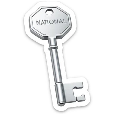 small silver metal key with hexagonal head and the word NATIONAL engraved, clean lines, soft silver tone, minimalistic and precise sticker