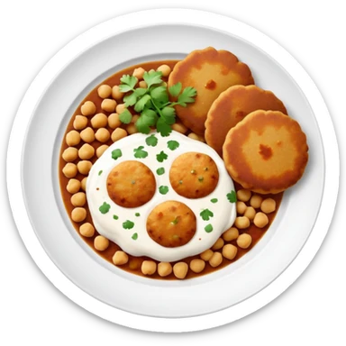 Aloo Tikki Chaat on a small plate with chickpeas, potato patty with yogurt and chutney sticker