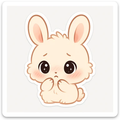 adorable chibi bunny with fluffy fur, oversized round eyes, pink cheeks, bashful and shy look, sparkling eyes, slight blush, clean chibi stickers style, white background, emote size sticker