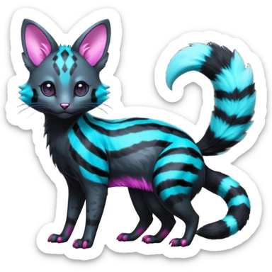 Hyper-realistic onyx-obsidian-pitch-Black-coated with glowing random cyan and magenta markings divine beautiful elegant pretty precious cute young youthful  Fakémon-Pokémon-alien-opossum-feline-serval-caracal-chinchilla-Minccino-hybrid-creature with a big fluffy bushy striped tail (full body) sticker