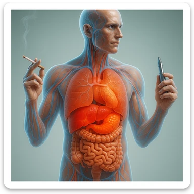 Medical illustration, hyperrealistic 4K, realistic anatomical human body, inflamed liver and intestine highlighted, holding a lit normal cigarette in the right hand and an electronic cigarette in the left hand, clear background, extremely detailed, same lighting and style as the reference image. sticker
