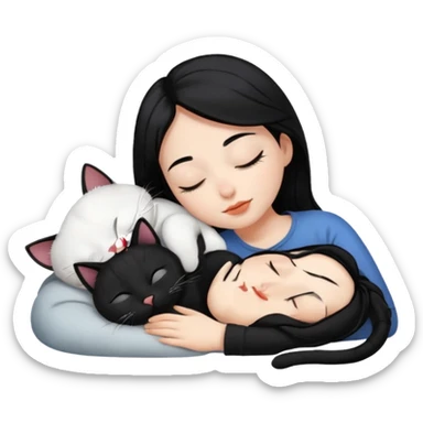 Girl with black hair and white skin sleeping next to a black cat sticker