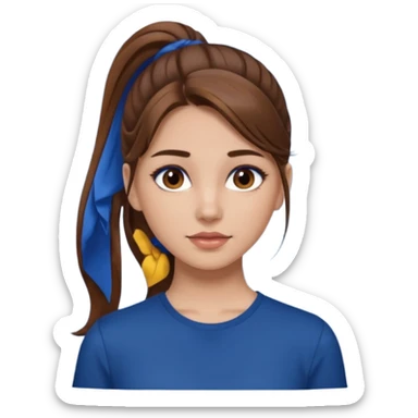 pretty girl brown long hair makeup ponytail  on left shoulder, dark blue shirt sticker