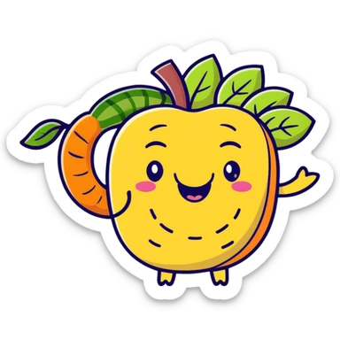 Cute cartoon representation of dietary fiber with happy vegetables, fruits, and whole grains linked by fibrous strands, with a smiling intestine character showing improved digestive health sticker