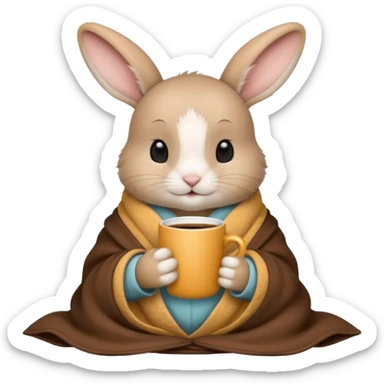 baby rabbit in cozy blanket, drink coffee sticker