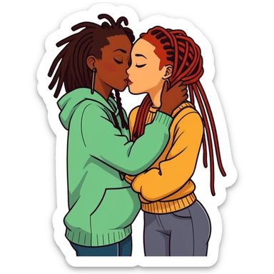 A black girl with dreads kissing a medium skin toned girl with dark red hair sticker