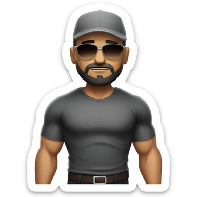 Bald Mexican young man with round face a dark beard baseball cap and dark cool sunglasses looking tough huge muscles sticker