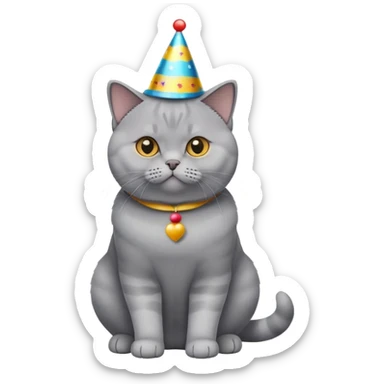 British Shorthair cat full body sitting with a party hat sticker