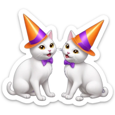 two white cats fulll body dancing with orange and purple party hats on sticker