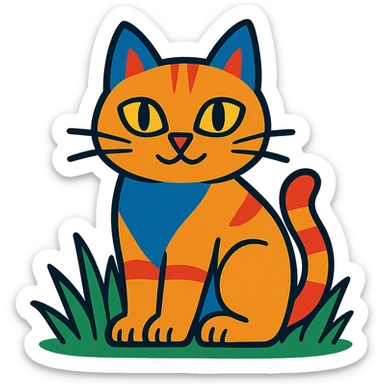 cat sitting in grass, vibrant toon style sticker