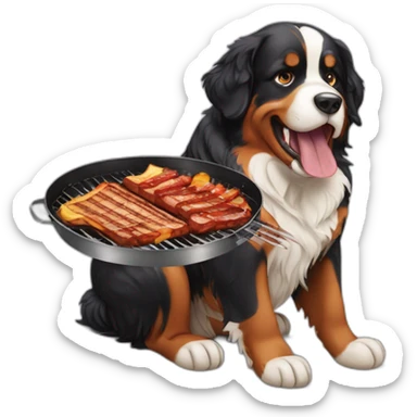 Bernese mountain dog eating a barbecue sticker
