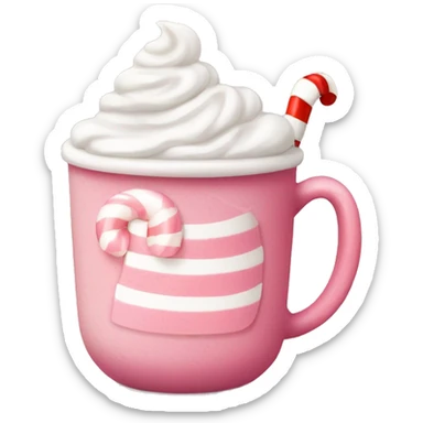 Pink hot cocoa mug with whipped cream and candy cane, cozy winter vibe sticker
