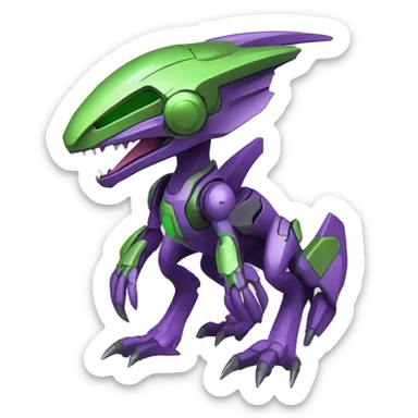 a purple-green Genesect-Raptor-Fakémon—hybrid with a futuristic visor-helmet full body sticker
