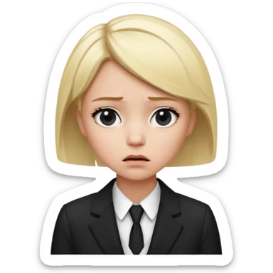 a office woman disappointed and scared now after getting yelled at, short blonde hair with black and white suit sticker