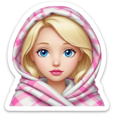 A beautiful blonde girl , blue eyes, pink lips is wrapped in a white plaid with her head sticker
