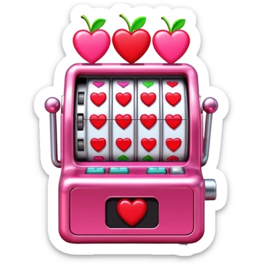 A 3D cartoon slot machine showing hearts and cherries, shiny metallic finish, Memoji-style realism. sticker
