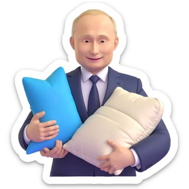 Vladimir Putin in a suit smiling and holding a memory foam pillow with an Amazon package next to him sticker