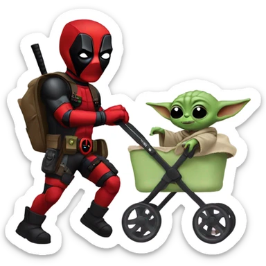 Deadpool pushing baby Yoda in his stroller sticker