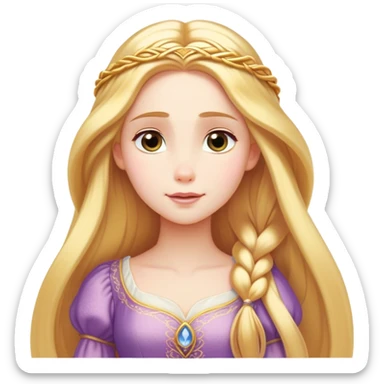 Cinematic Serene Rapunzel Portrait Emoji, rendered in a simplified vector style. Depict a gentle Rapunzel (chest and above) with delicate porcelain skin and long, shimmering golden hair, her expression calm and reflective, dressed in her traditional attire. The image is imbued with a soft, luminous glow and a subtle glowing outline. sticker
