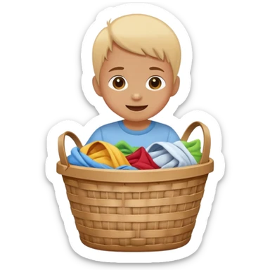 child dropping dirty clothes into a basket, cheerful and responsible sticker