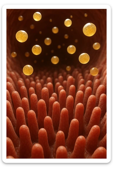 VILLI INTESTINALI CON CELLULE DI GRASSùO CHE CI FLUTTUANO SOPRA, INTERNO REALISTICO DI UN INTESTINO, IPERREALISTICO 4K sticker