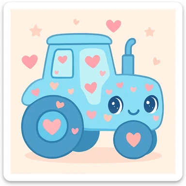 blue tractor covered in heart-shaped stickers, whimsical and fun sticker