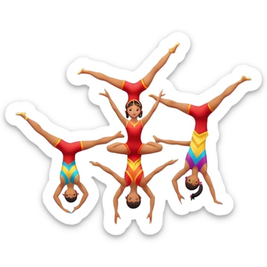 A group of acrobats performing a synchronized routine, balancing and flipping in mid-air. One acrobat is upside down while another supports them, with bright stage lighting illuminating their graceful movements against a colorful backdrop. The floor is padded for safety. sticker