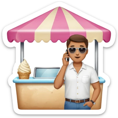 a man standing behind an ice cream stand. he is talking on his phone sticker