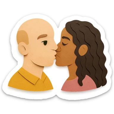 caucasian bald man with green eyes and caucasian woman with long curly dark hair and brown eyes kissing, paper craft style sticker