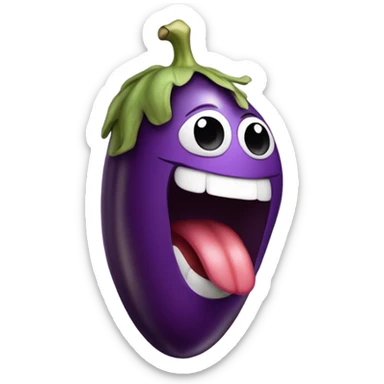 Person with tongue out holding eggplant sticker