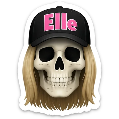 A skullhead thats wearing a black baseball cap with the words "Elle" in pink and white with long blonde hair sticker