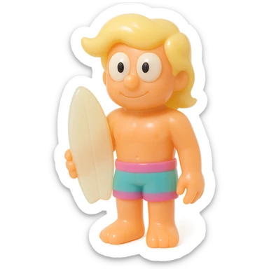 full-body surfer bro, retro 90's toy style, very transparent and slightly see-through, natural tan skin, blonde hair, colorful shorts, large white eyeballs with small black pupils, soft plastic texture, soft reflections, soft and squishy, some cloudiness, not shiny, highly detailed, appealing, no tag, no background sticker
