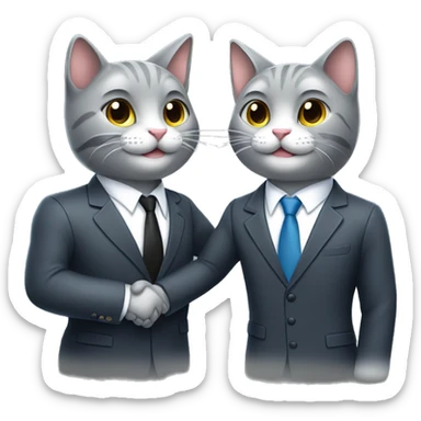 Two gray colored cats, smiling, shaking hands in suits both wearing headphones.   sticker