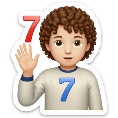 A curly-haired, white child holding the number 6 in his right hand and the number 7 in his left hand. sticker