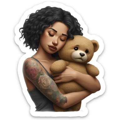 Hyper Realistic Beautiful tattooed woman crying lying hugging a Teddy bear sticker