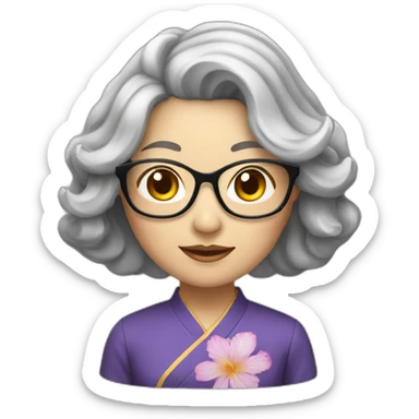 Chinese lady with shoulder length very lightly grey waves hair wear glasses with Chinese dress sticker