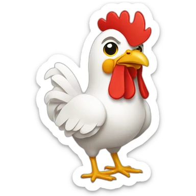 chicken wearing a white shirt with a red diagonal band sticker