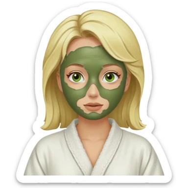 Blonde wearing a white spa robe with a green mud mask on sticker