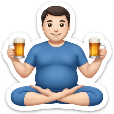 big white guy sitting in yoga pose, winter dressed, short dark hair, holding beer mugs in two hands, sitting sticker